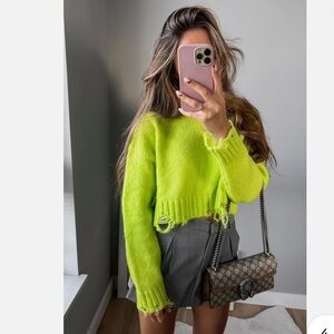 NWOT Zara Neon Green Ripped Knit Cropped Sweater